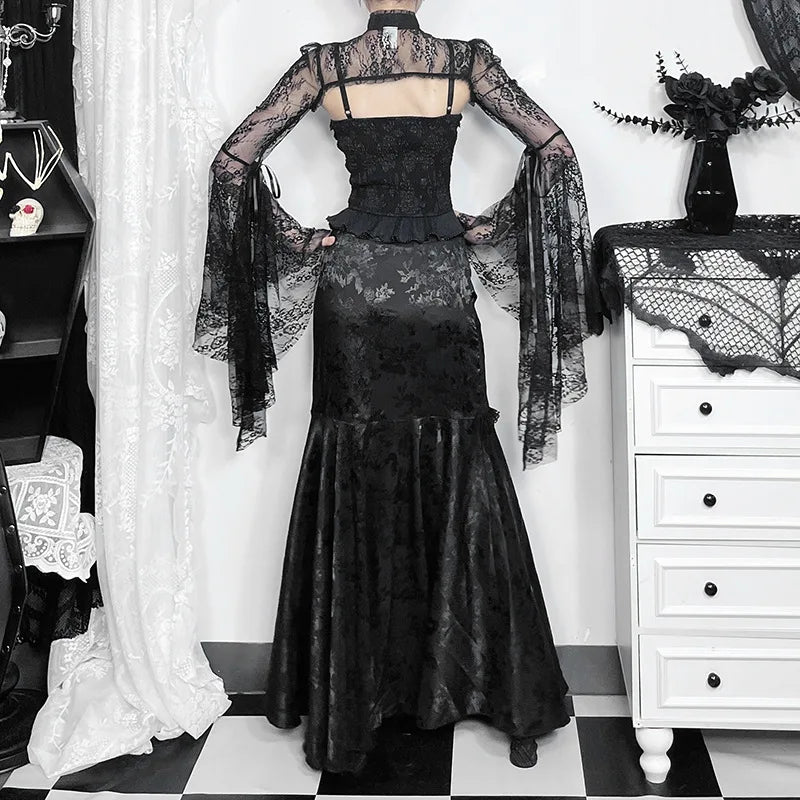 Goth Dark Elegant Fashion Party Gown - High Waist Lace-Stitched Mermaid Skirt, Sexy Pleated Bodycon for Women