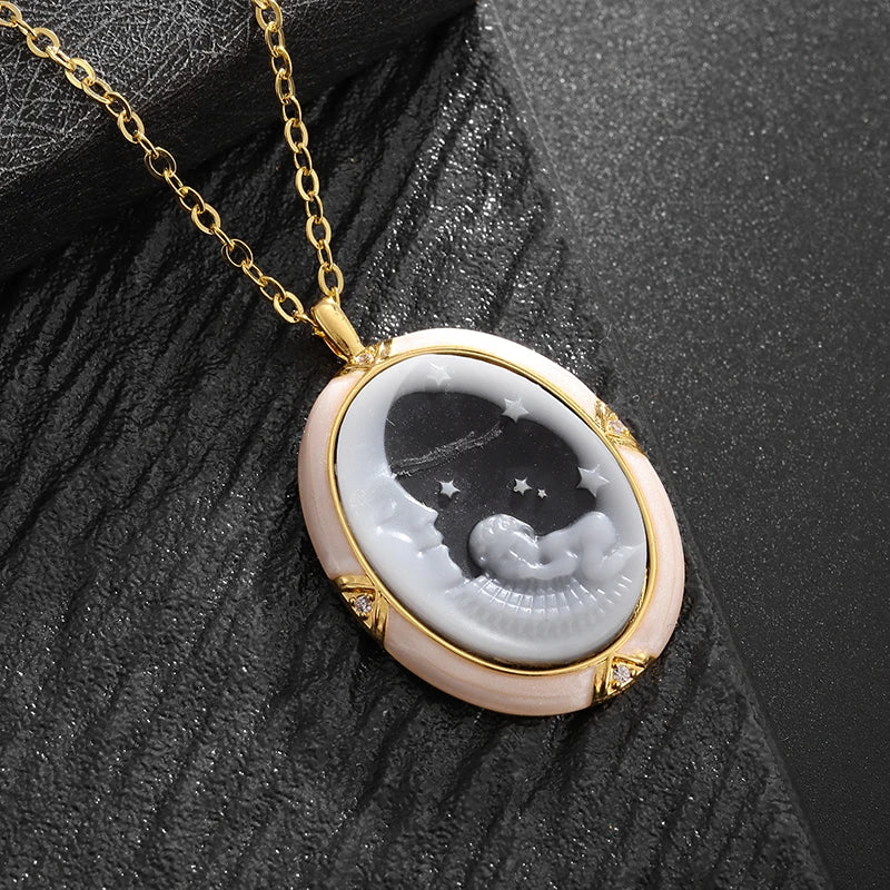 Ladies Elegant Onyx Cameo Moon Angel Pendant Necklace Girls Good Luck Dinner Jewelry Gift