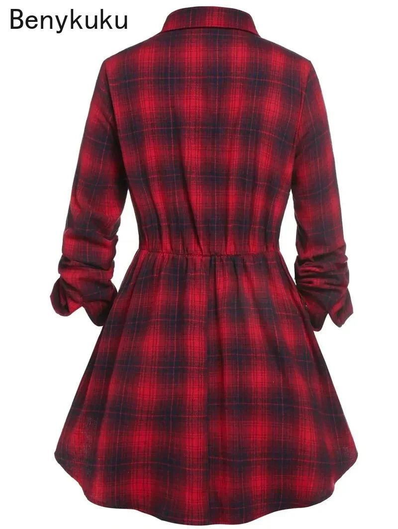 Turn Down Collar Vintage Red Plaid Shirt Dress – 2024 Spring Autumn Women’s Gothic Long Sleeve Belted Mini Dress, Casual Robe Style