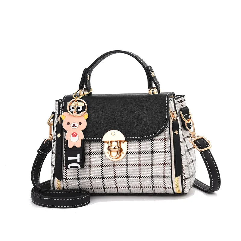 Plaid Pattern Handbag - Women's Flap Purse with Buckle Decor, Fashionable PU Leather Crossbody Bag of High Quality