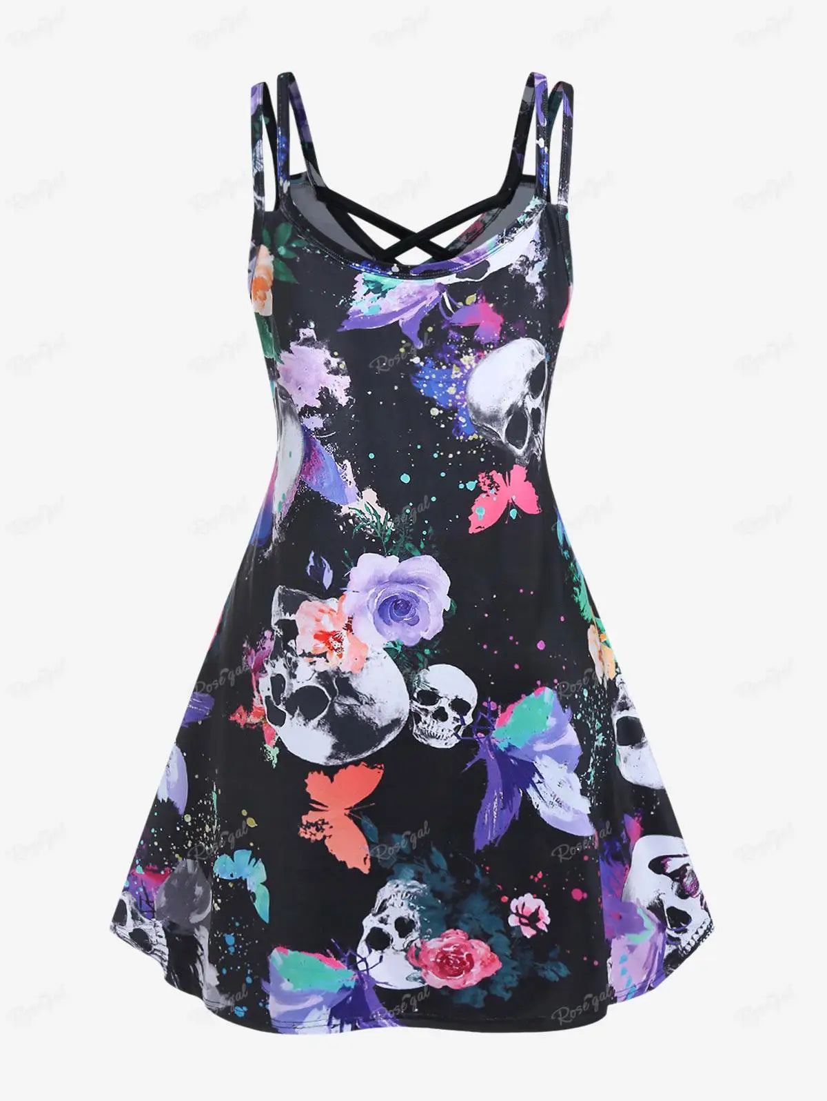 ROSEGAL Plus Size Crisscross Butterfly Skull Print Dress | Gothic Summer Sleeveless 3D Graphic Dress for Ladies