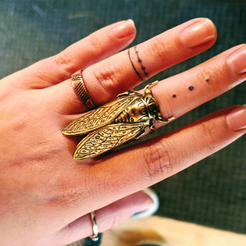 Gothic Brass Cicada Ring | Adjustable Gold Color Insect Ring for Women and Men | Fashion Witch Jewelry Accessories Gift