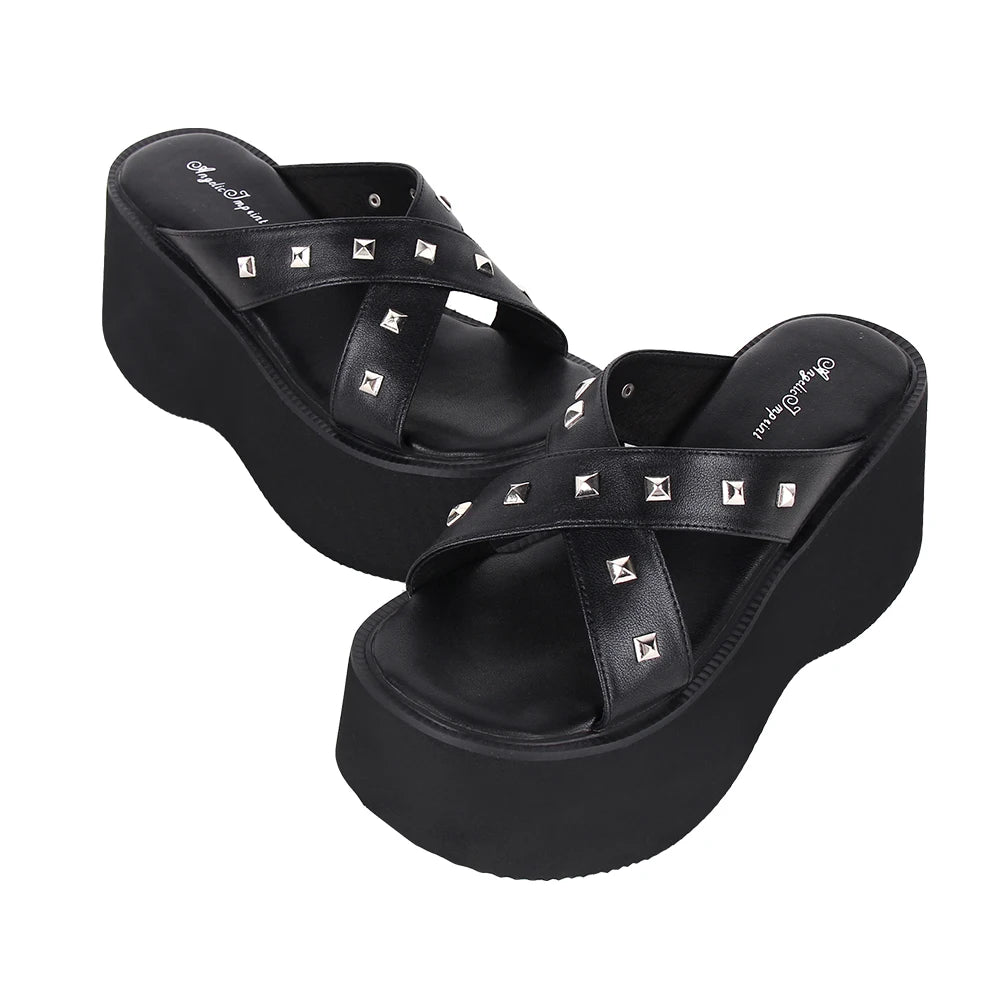 Women’s Lolita Punk Sandals - Chunky Slip-On with Cross Strap and Rivet Detail Platform Shoes