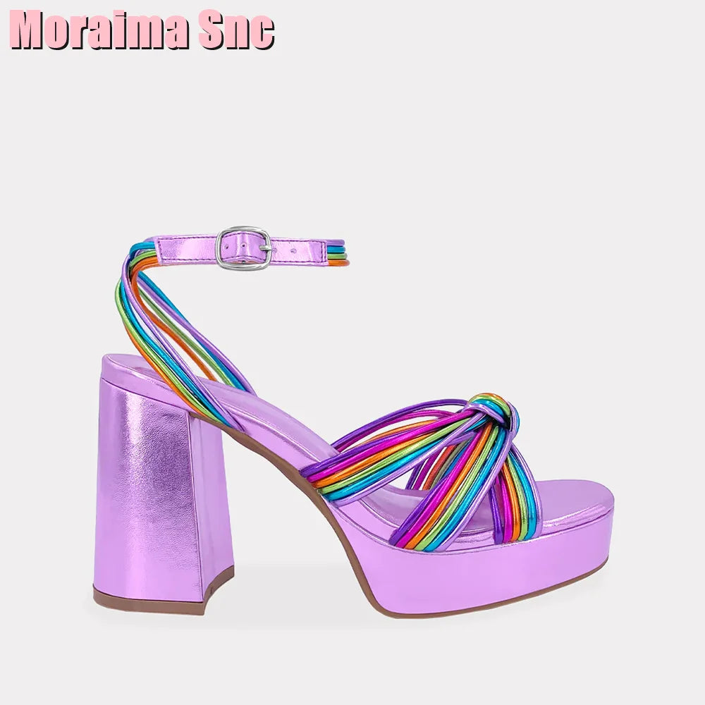 Narrow Band Knot Platform Sandals – Open Toe Chunky Block Heel, Ankle Buckle, Colorful Purple Solid, Sexy Summer Fashion Women's Shoes