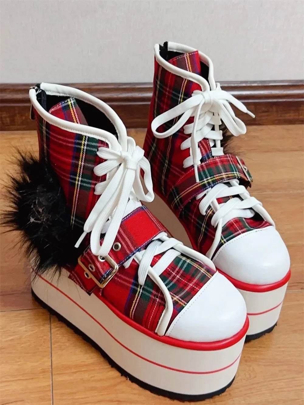 Women wasteland punk short Boots woman high Heels pumps Lady Dress party shoes round toe red plaid canvas customized shoes skull