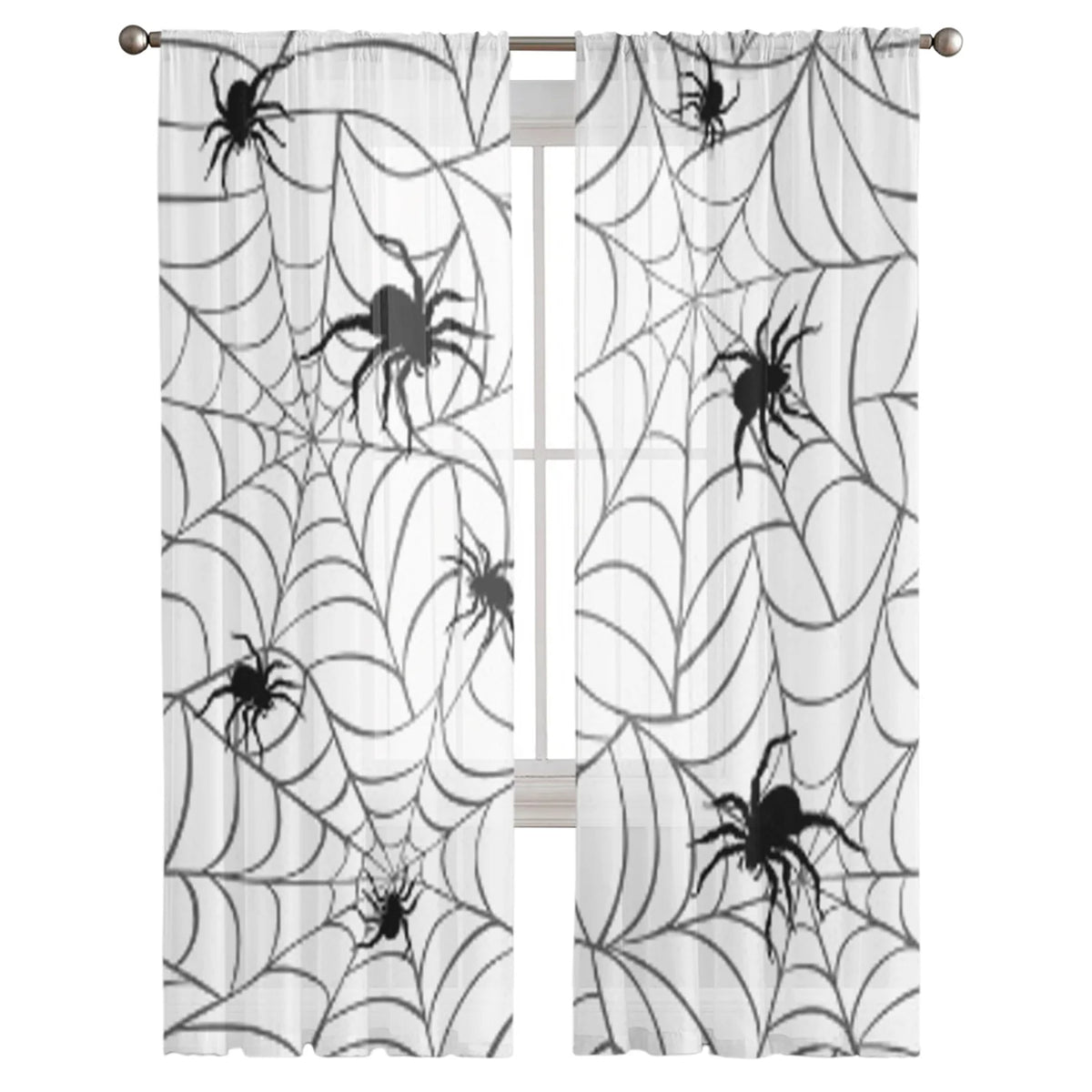 Spiders on Webs Black and White Luxurious Chiffon Sheer Curtains - Gothic Tulle Voiles for Living Room and Bedroom Decor.