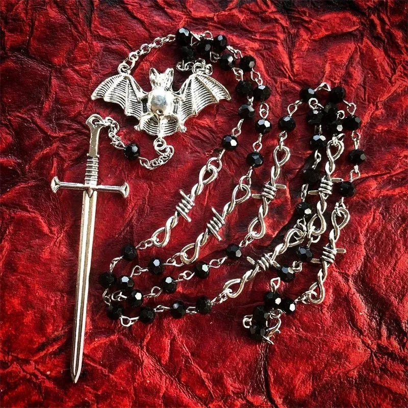 Gothic Occult Witchy Rosary Necklace - Tarot Sword Y2K Bat Thorns Beaded Wiccan Vampire Jewelry