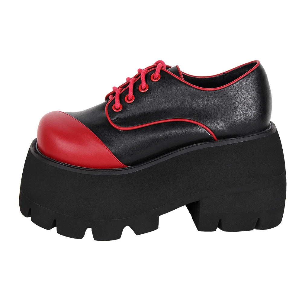 New Women's Punk Goth Color Block Shoes - Platform Wedges with Lace-Up Detail, Street Dark Style Pumps