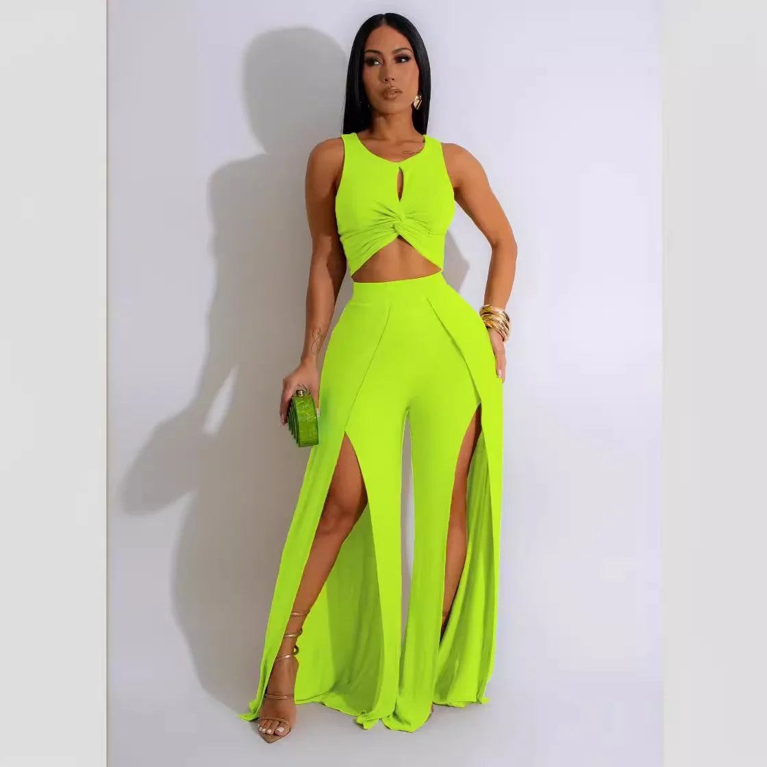 Summer Fashion Street Two Piece Set - Sexy Solid Sleeveless Top and Split Wide Leg Pants for Women