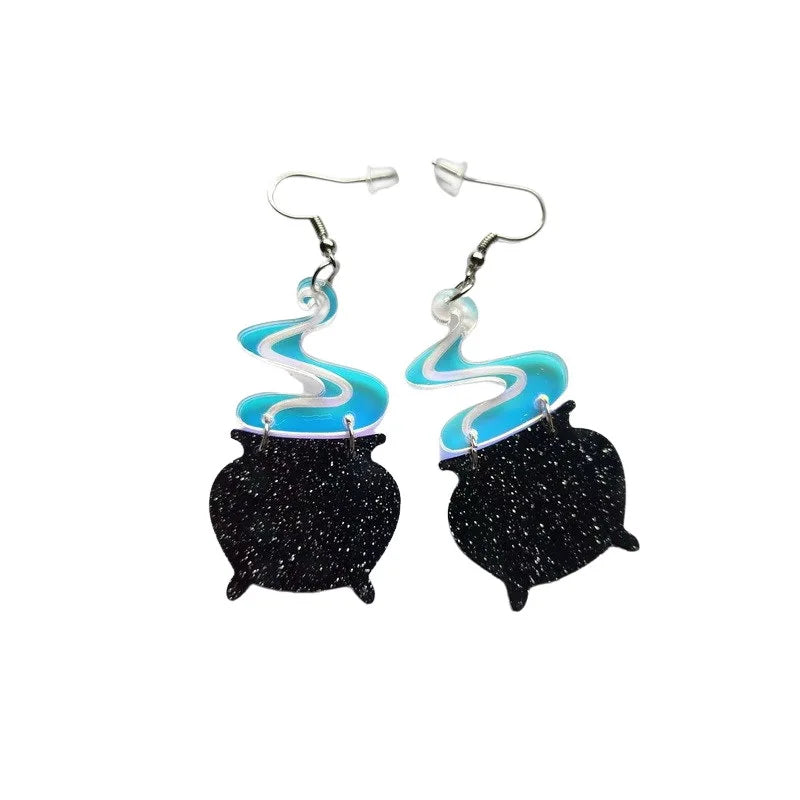 Funky Black Witch Cauldron Halloween Earrings for Women - Laser Cut Ghost Acrylic Drop Earring Gift