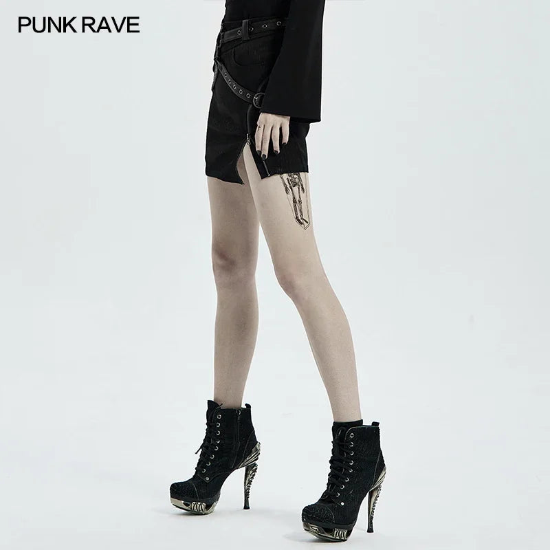 PUNK RAVE Women's Punk Daily Half Skirt - Black Twill Mini Skirt with Zipper and Decorative Details for Spring/Summer