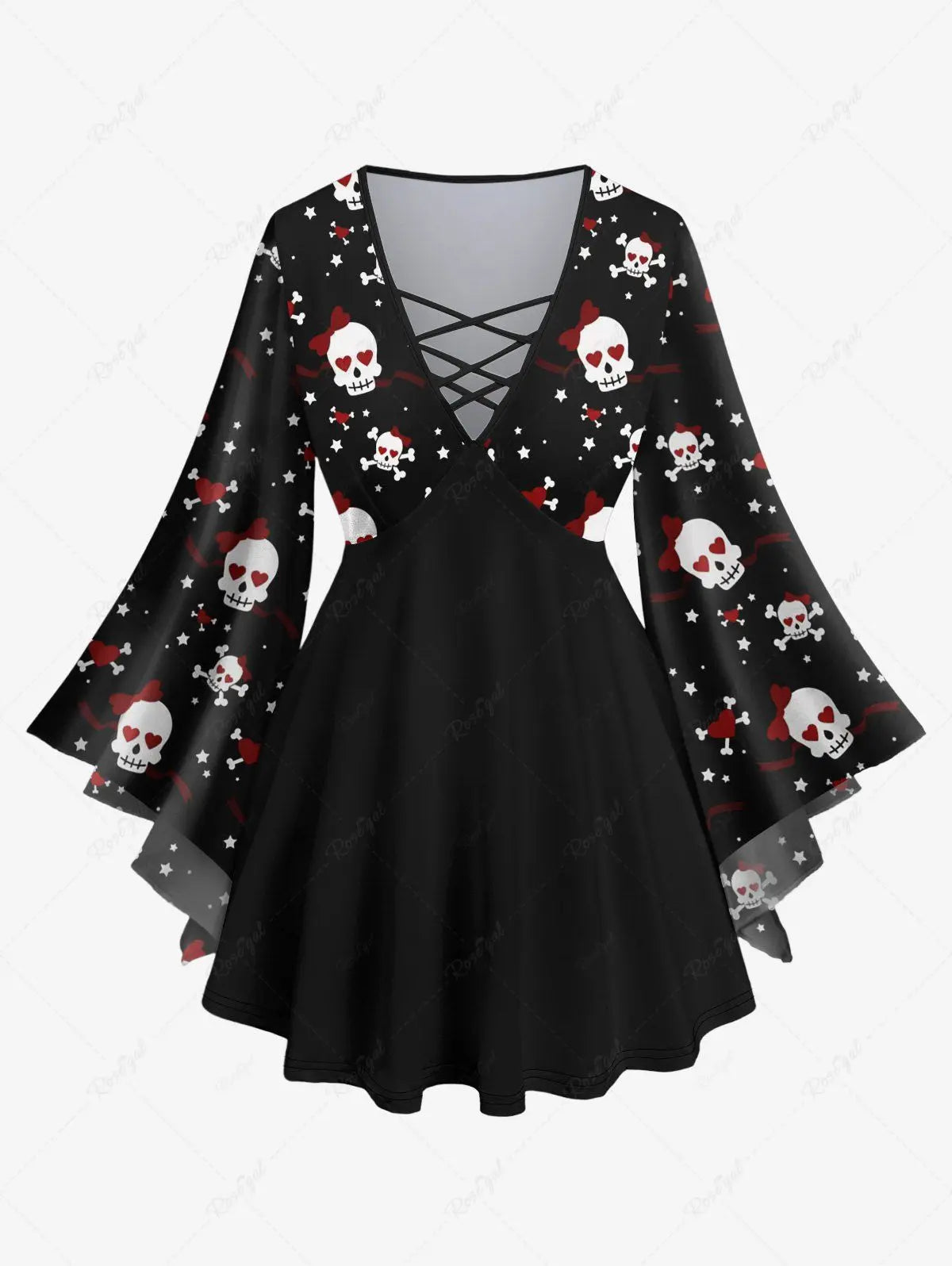 Valentine's Day New Skull Skeleton Heart Ribbon Stars Print Flare Sleeve Top Or Flare Pants Daily Casual Festival Matching Set