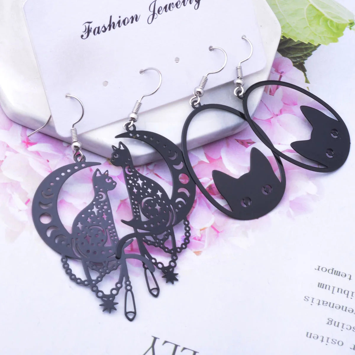 2 Pairs/Set Brass Black Lovely Animal Moon and Cats Earrings - Fashion Girl's Hanging Pendant Drop Earrings Jewelry