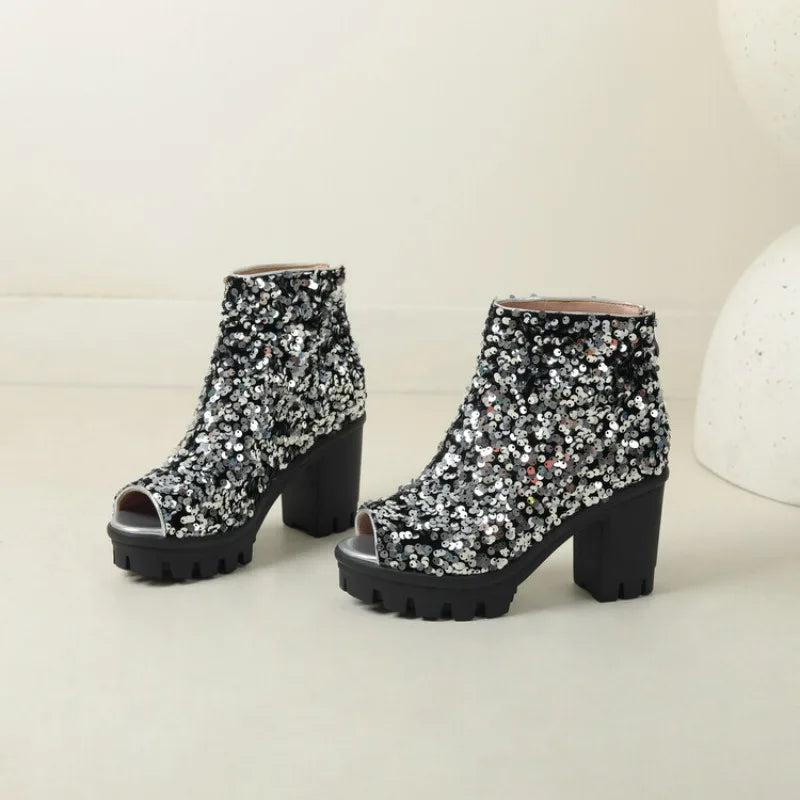 Women’s Sparkly Sequined Boots | Open Toe | Chunky High-Heeled Platform | Goth | Glitter Silver Party Shoes