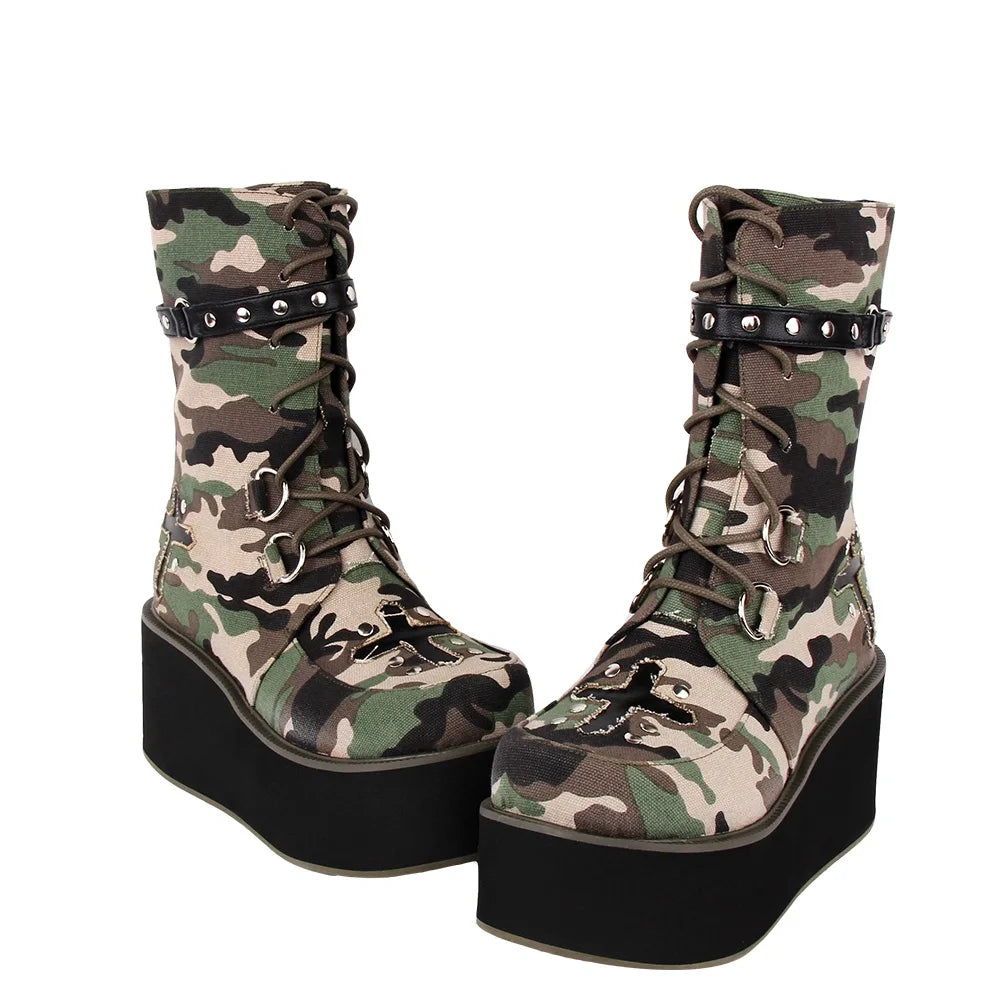 Fashion Women motorcycle camouflage boots lady Punk Cool Boots woman high trifle heel pumps platform shoes 10cm plus size 33-47