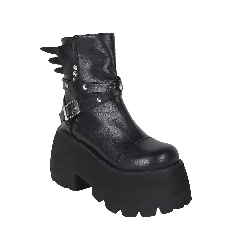 Women’s Motorcycle Chunky Platform Ankle Boots - Side Zip with Rivet and Angel Wing Accents