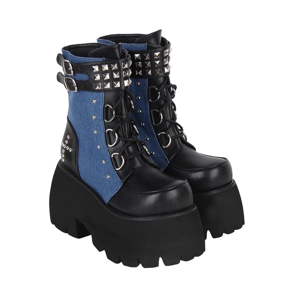 Women’s Gothic Motorcycle Punk Boots - Short Ankle Chunky Sole Shoes in Black and Denim, 10cm Heel