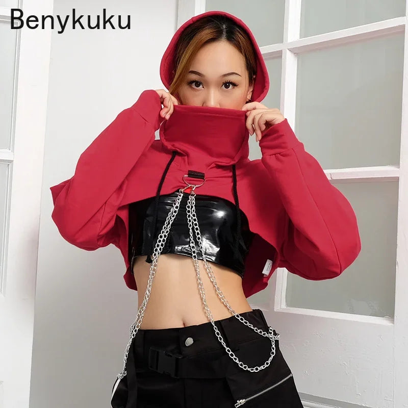 Black Cropped Hooded Sweatshirt Women Loose Chain Patchwork Pullover Goth Hoodie Punk Streetwear Sweat Femme Hoodies Gothic Top