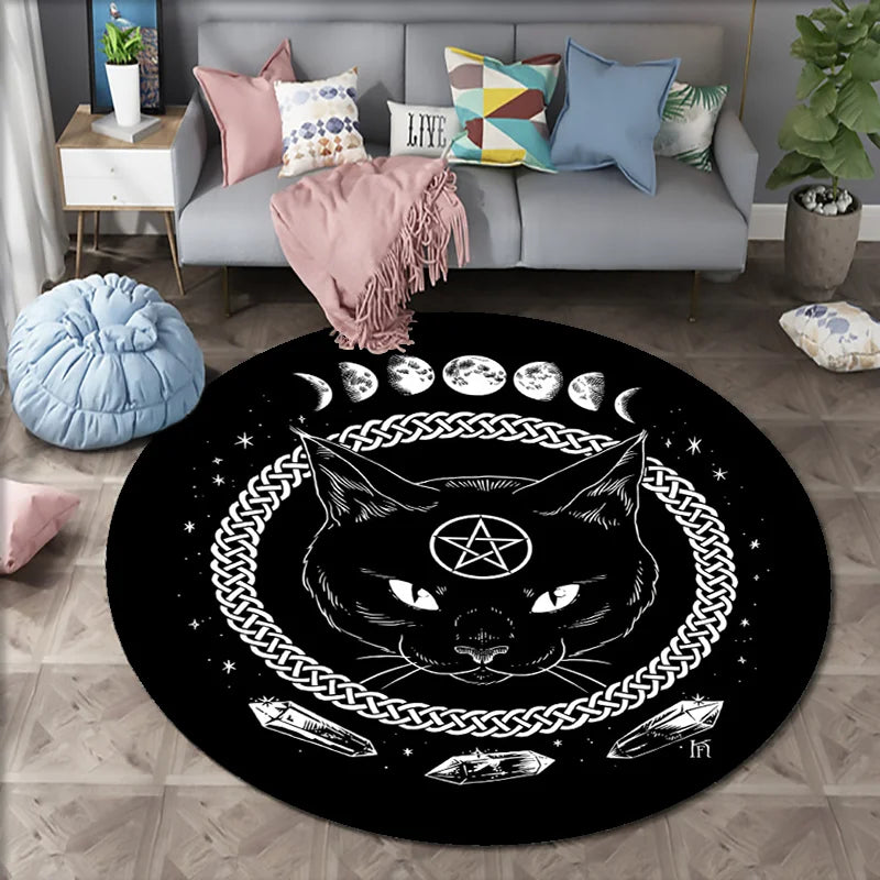 Moon Phases Black Cat Goth Room Decor Round Print Area Rug Goth Home