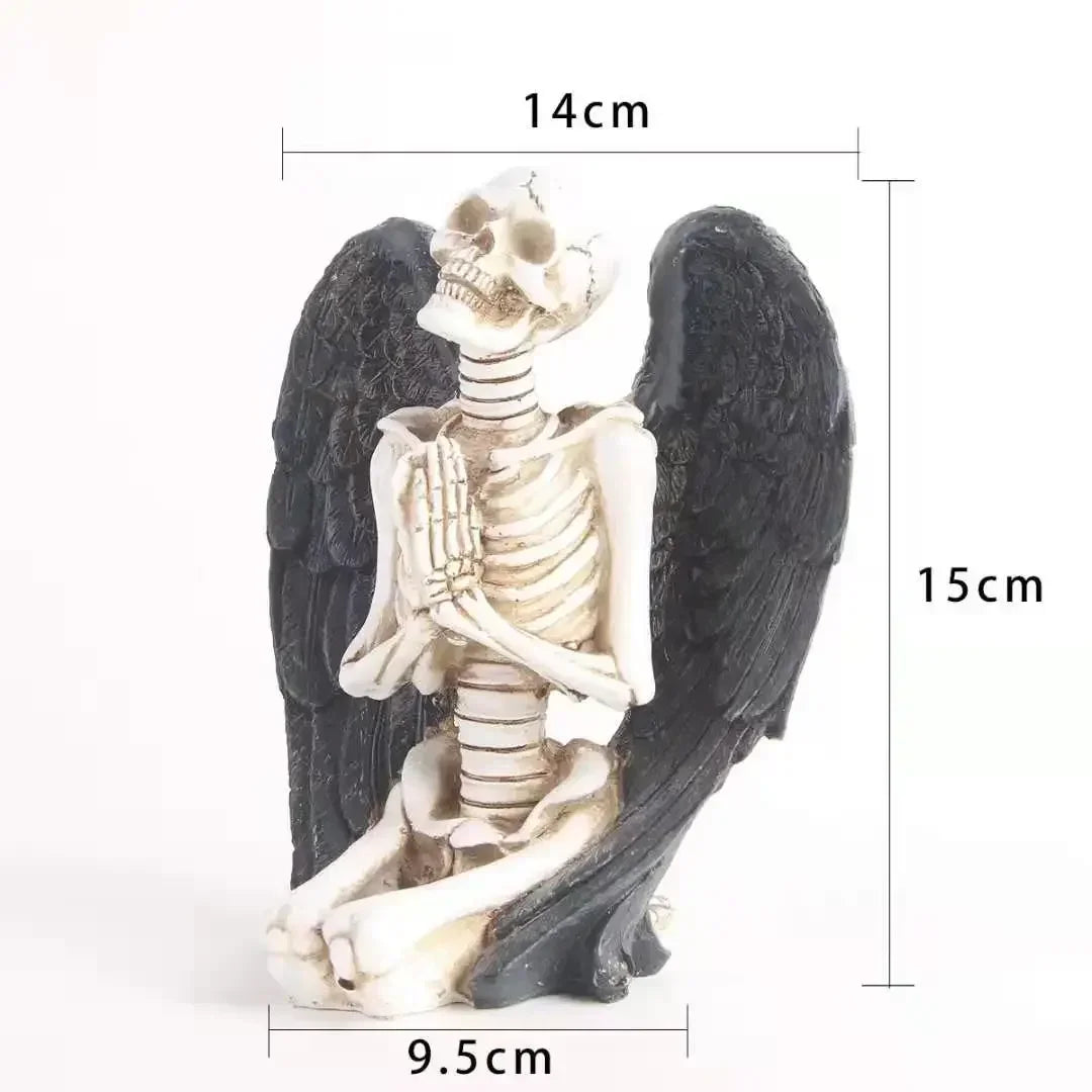 Resin Skeletons Statue with Black Angel Wings | Collectible Skull Figurine for Home Decor