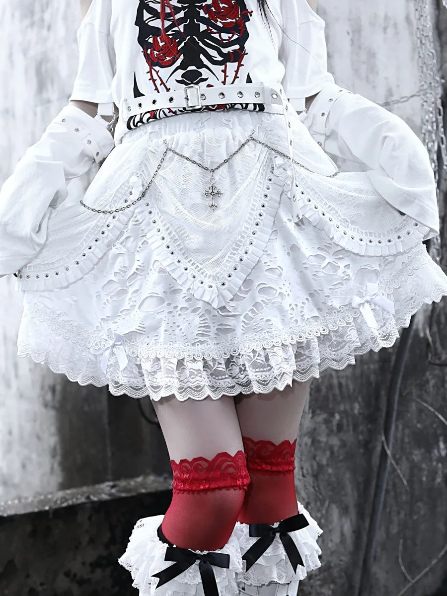 Blood Supply Harajuku Mini Cake Skirt – White Gothic Summer Ball Gown with Lace Patch Cross, Halloween Punk Kawaii Cute Skirt