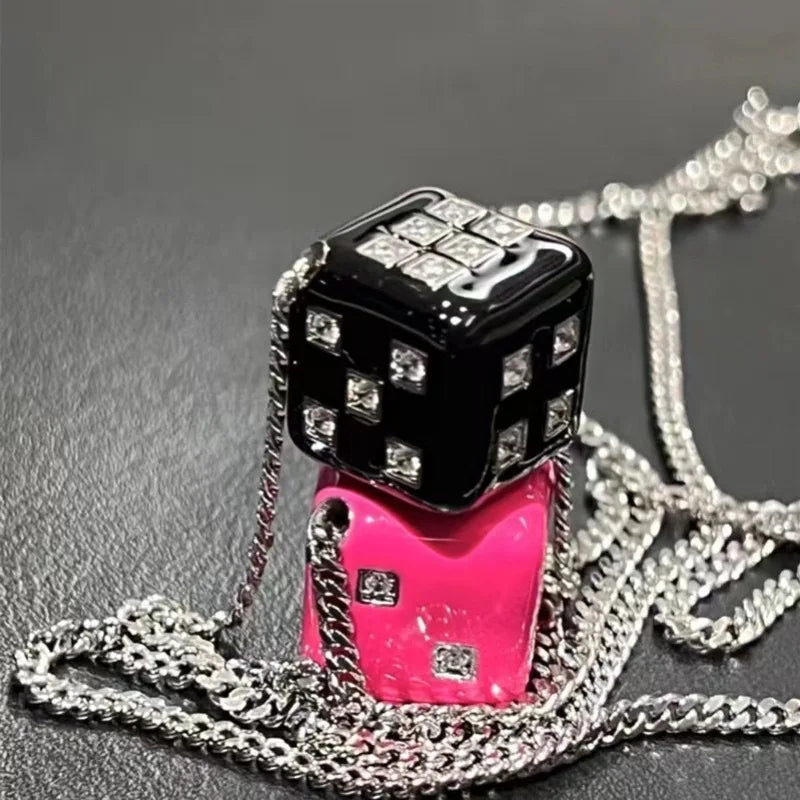 Y2K Zircon Square Black Rose Pink Dice Pendant Necklace | Korean Fashion Stainless Steel Chain Jewelry for Women