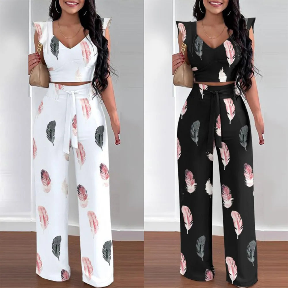 Women’s Casual Sleeveless Top and Long Pants Set - Print Ruffles Lace-Up Loose Wide Leg Pants Suit for Summer