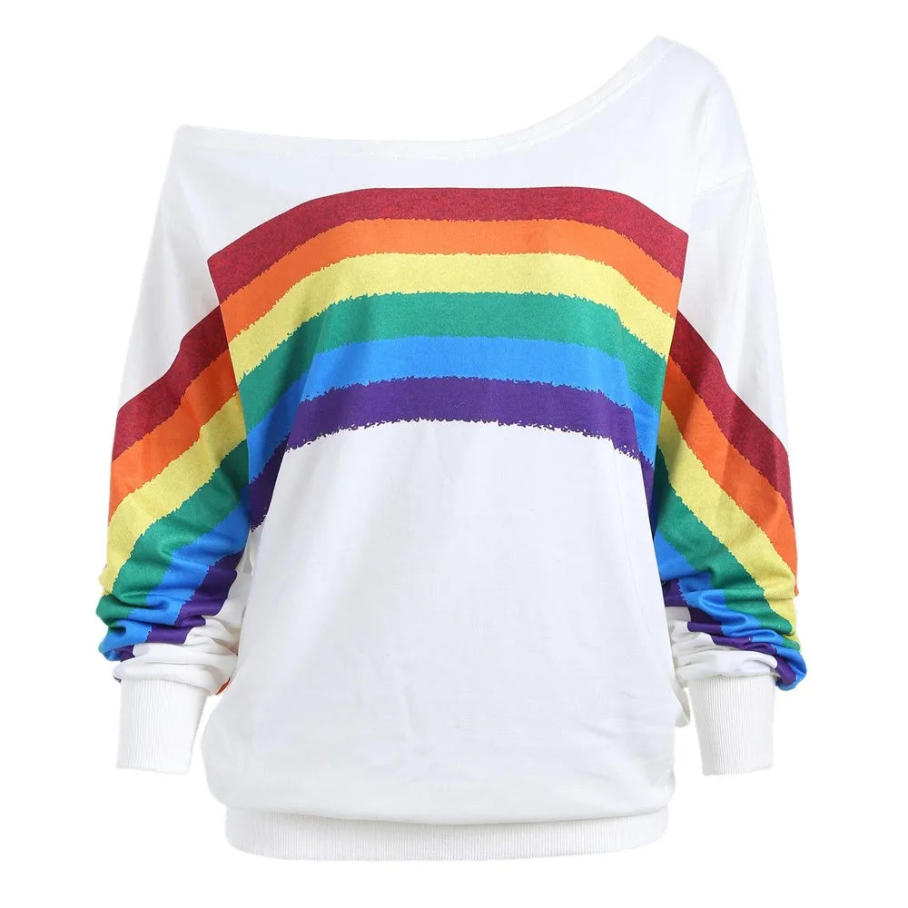 Off The Shoulder Rainbow Stripes Pullover Long Sleeved Women’s Printed Sweatshirt