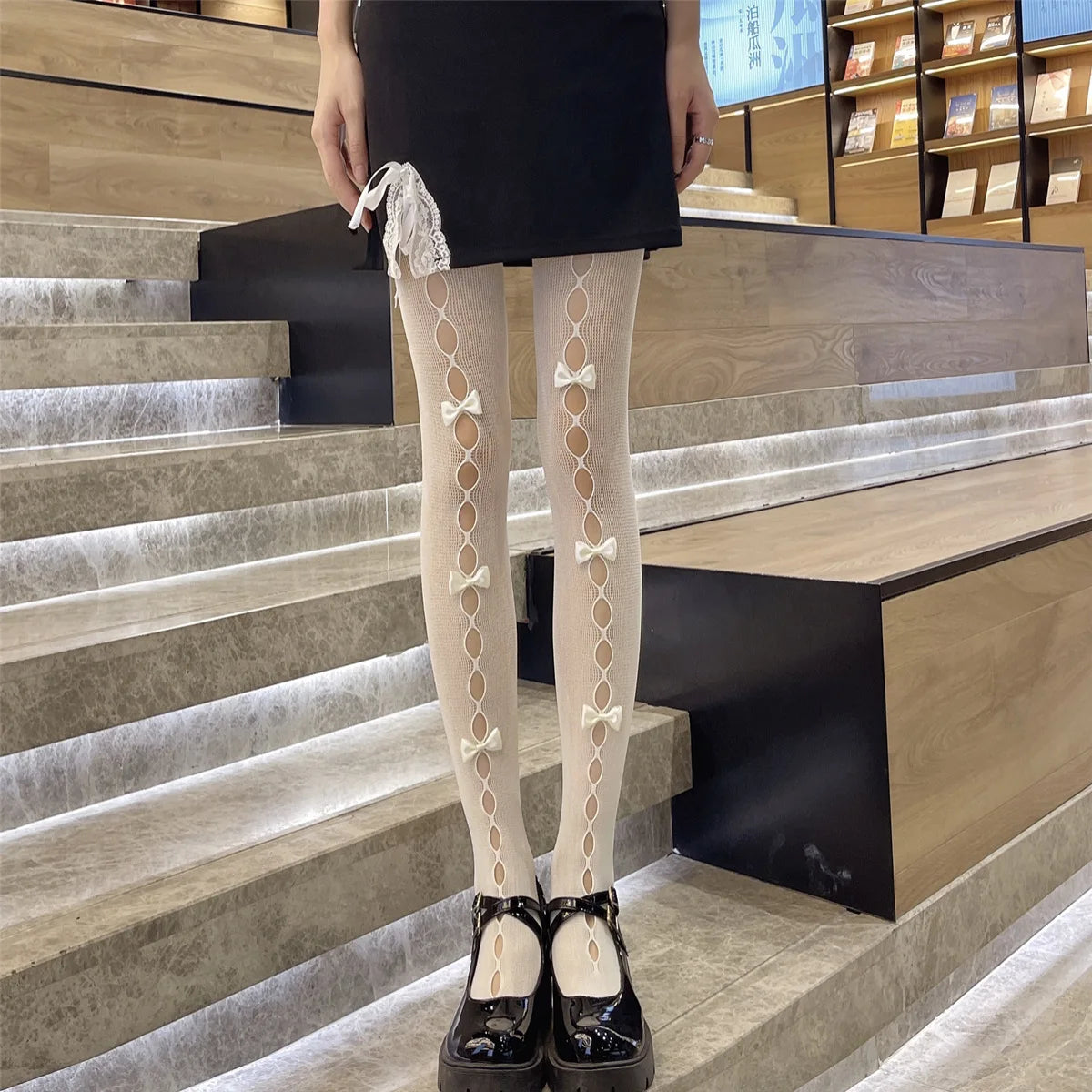 New Bowknot Hollow Out Pantyhose Sexy Thin Summer Lace Tights Black And White Fishnet Silk Stockings for Women