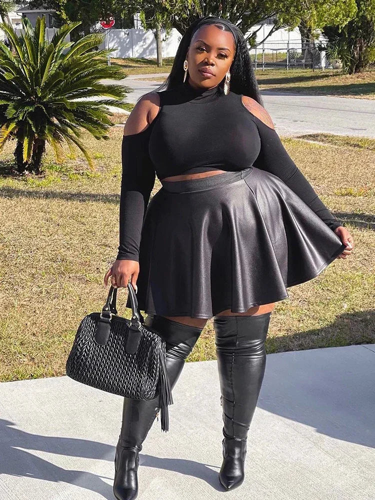 Women Black Plus Size 7XL 8XL 9XL Matte Leather Flare High Waist Pleated Elastic Skirts Ladies PU Elegant Short Skirt New Custom