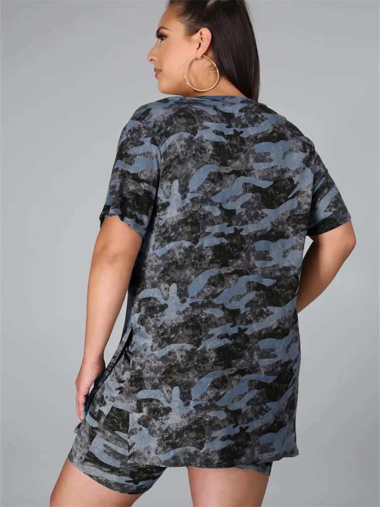 Wmstar Plus Size Two Piece Set Camouflage Women's Clothing Short Sets Matching Top and Pants Suit Summer Wholesale Dropshipping