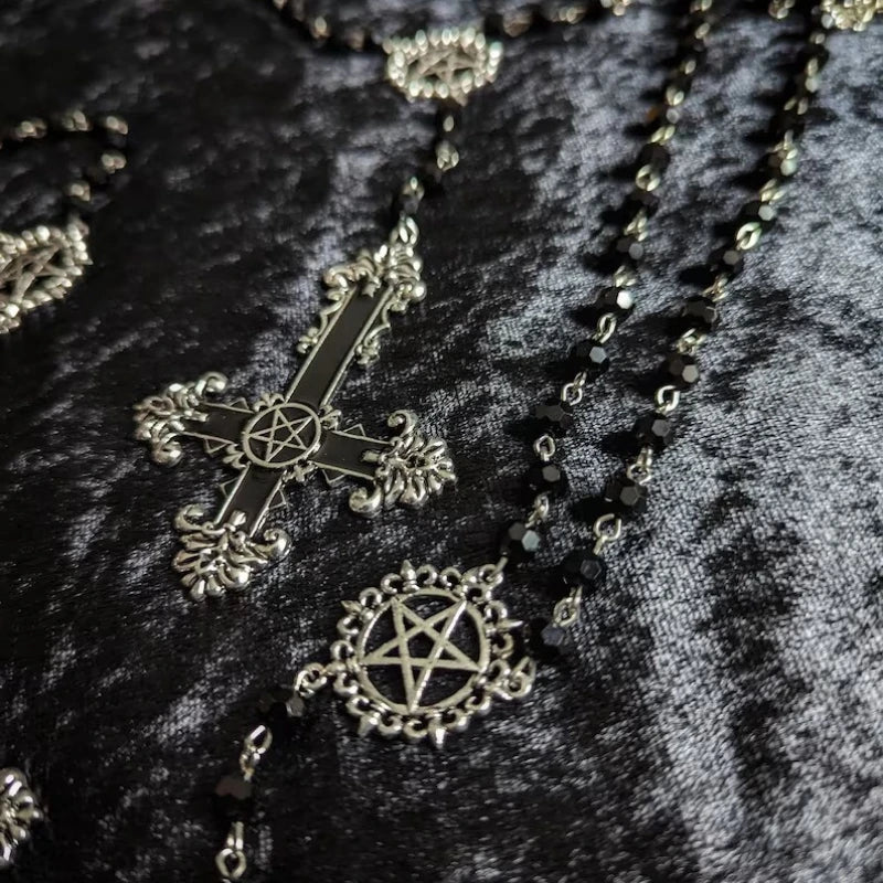 Stunning Pentagram Cross necklace Black Crystal Gothic Statement Rosary Style Grunge Necklaces Men Women Jewelrye y2k