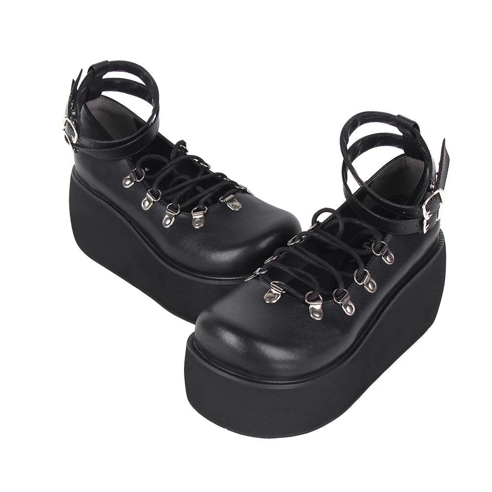 Angelic Imprint Women’s Punk Rock Lolita Goth Chunky Platform Shoes - Faux Laces with Ankle Strap