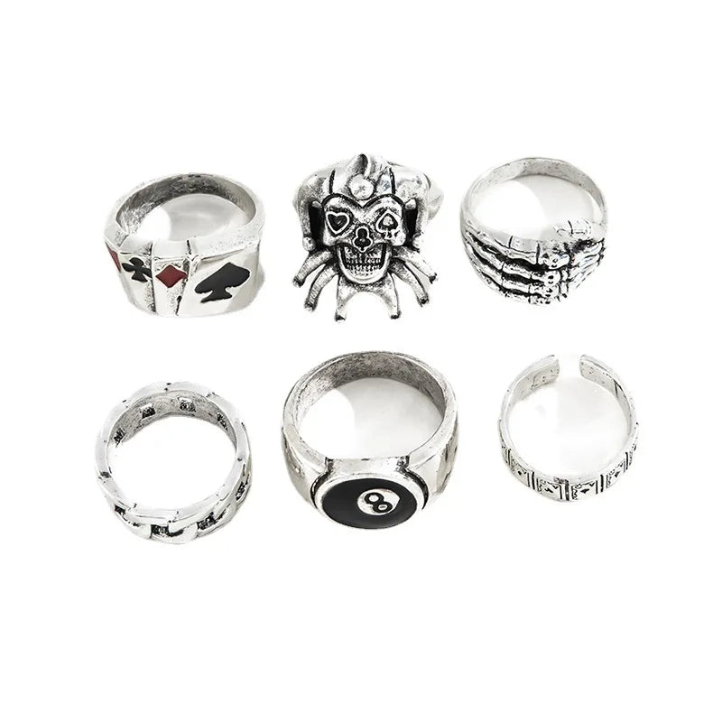 6Pcs Punk Poker Joker Silver Color Rings for Men Women Goth Skeleton Billiards Set Couple Emo Fashion Jewel Anillos Hombre