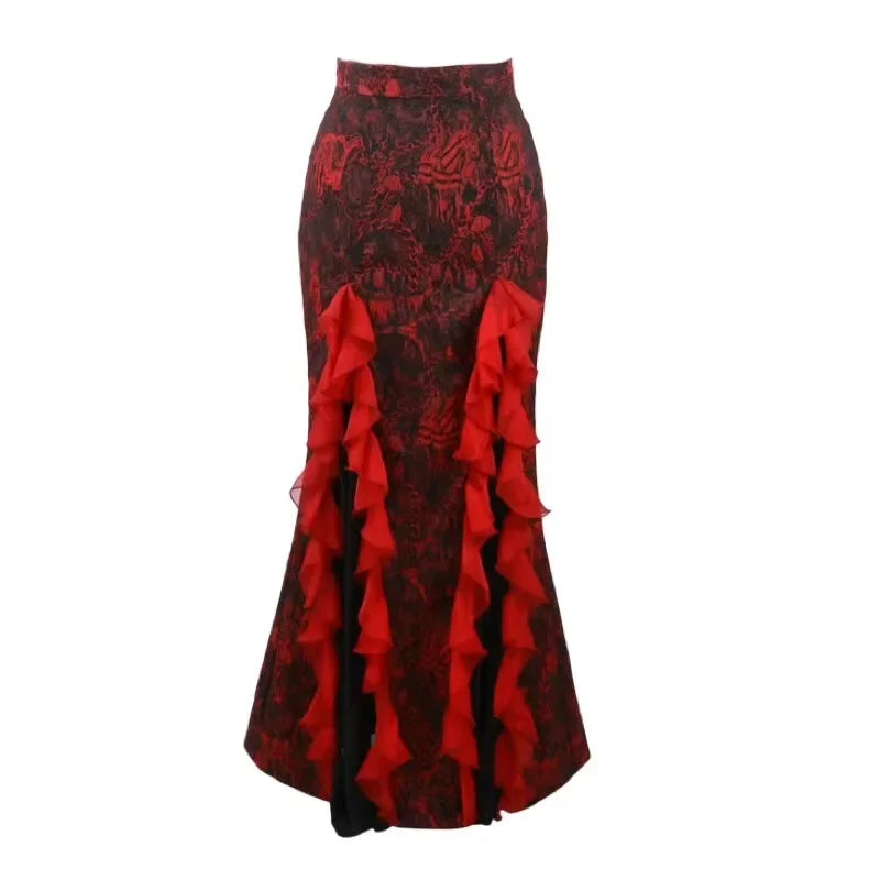 Blood Supply Devil Gothic Rose Print Long Skirt - Punk Chiffon Mesh Trumpet Skirt for Summer in Red and Black