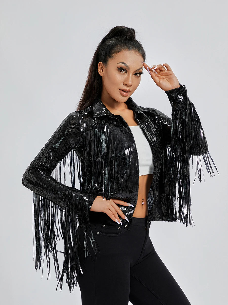 Women Sparkly Long Sleeve Open Front Tassel Jackets Autumn Winter Solid Color Sequin Party Jackets Blazers Clubwear