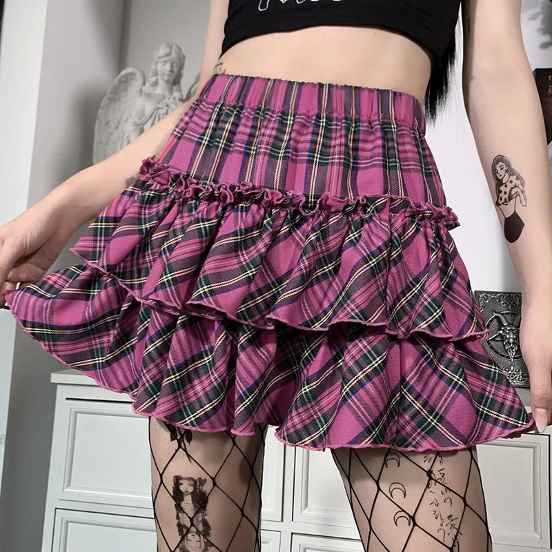 Japanese College Style Plaid Skirt - High Waist Slim Lolita Cosplay Y2K Skirt for Youth Girls, Gothic Pink Skirt