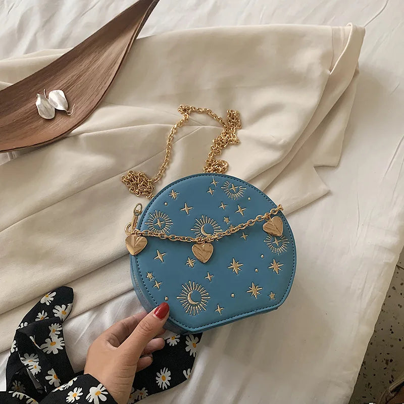 Starry Sky Round Crossbody Bag – Luxury Circular Embroidered Shoulder Bag with Chain, Small Handbag for Women