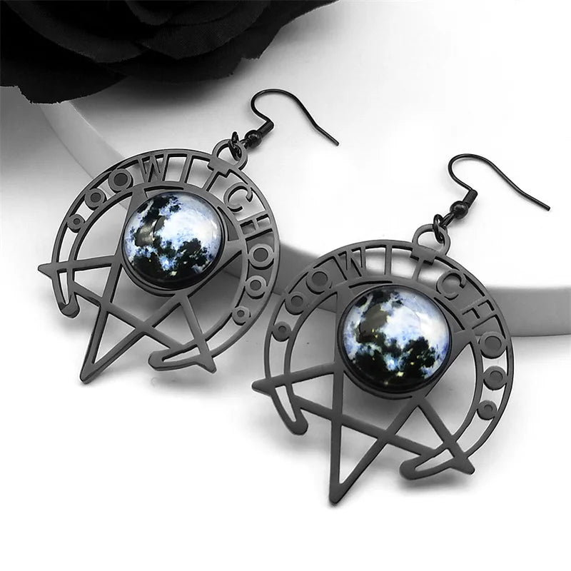 Gothic Witch Moon & Pentagram Earrings – Stainless Steel Starry Sky Crescent Drop Jewelry for Women