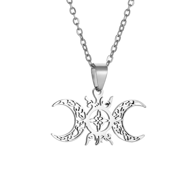 Stainless Steel Sun and Moon Celtic Knot Witchcraft Witch Knot Pendant Necklace Retro Fashion Lucky Jewelry for Men and Women