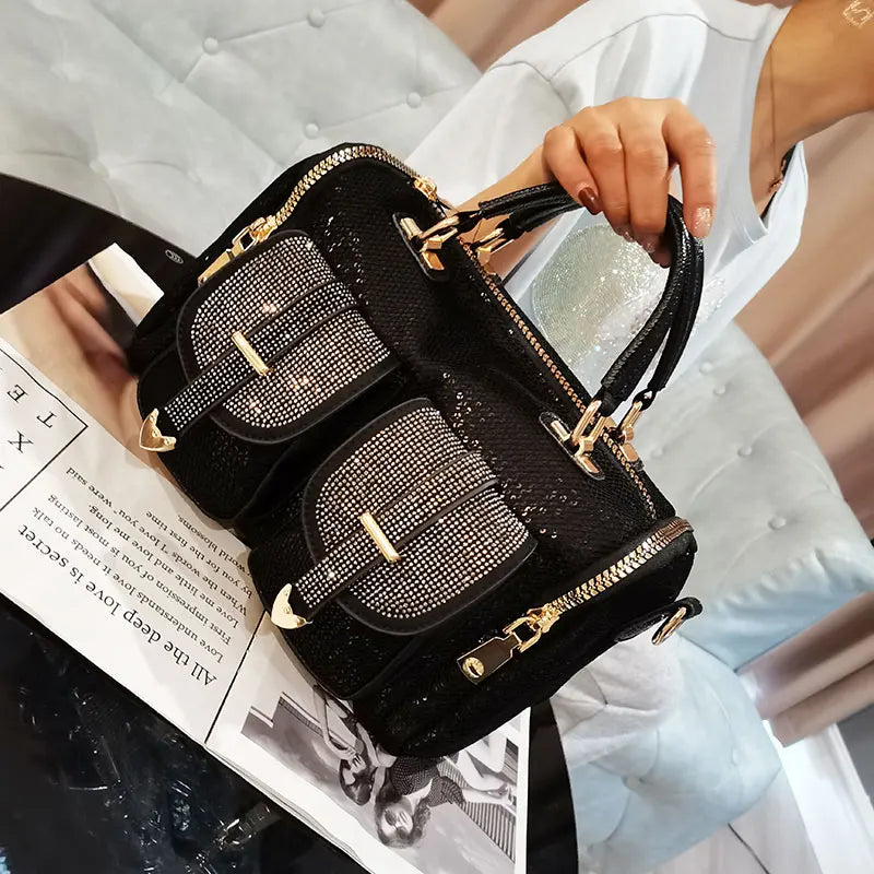 Luxury Rhinestone Women’s Bag - Shining Sequins Crossbody Shoulder Bag with Large Capacity, Black Top Handle Handbag