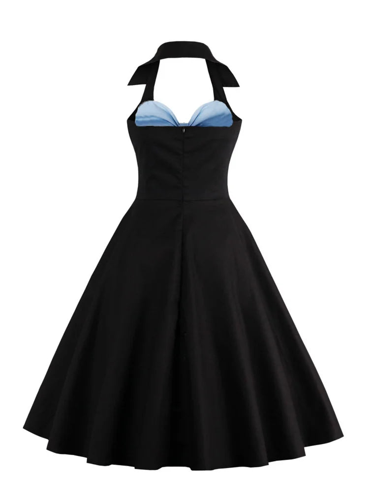 Strapless Halter Sexy 50s Vintage Women's Dress | V-Neck Patchwork Pinup Big Swing Vestidos | Elegant Ruffle Rockabilly Party Dresses