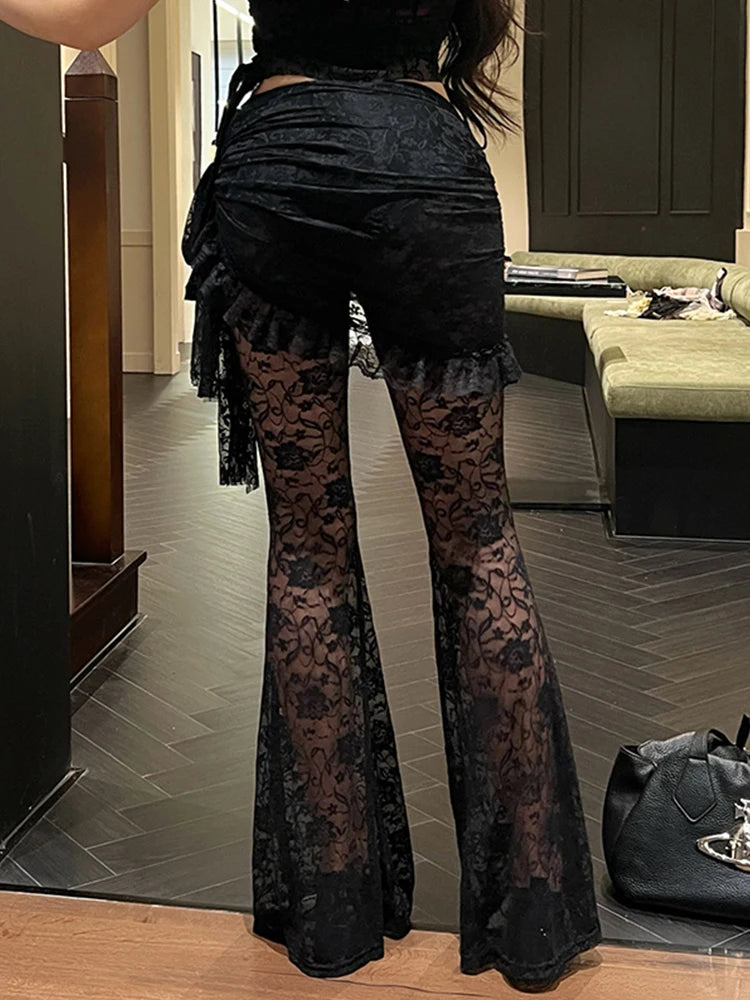 InsGoth Gothic Lace Flared Trousers Two-Piece Suit | Women’s Asymmetric Apron Harajuku Retro See-Through Wide Leg Printed Pants