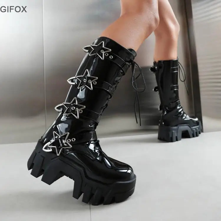 GIGIFOX Platform Wedges Knee High Boots for Women | Chunky Heel Fashion Punk Motorcycle Boots | Goth Gothic New Rock Shoes for Winter