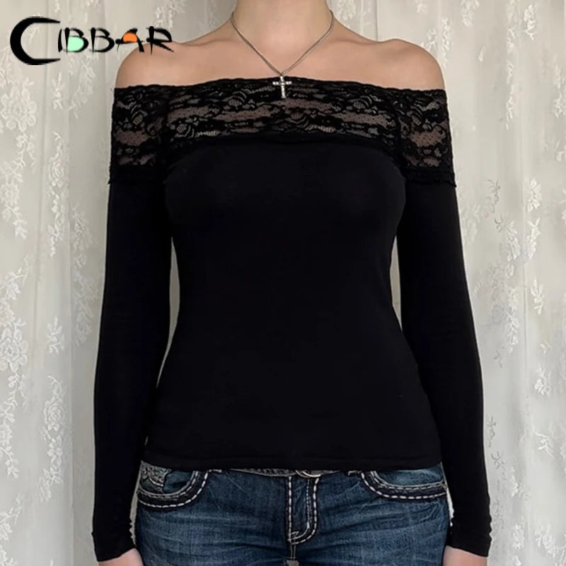 CIBBAR Black Lace Stitched Slash Neck Crop Top - Elegant Sexy Long Sleeve T-Shirt for Women, Perfect Autumn Basic