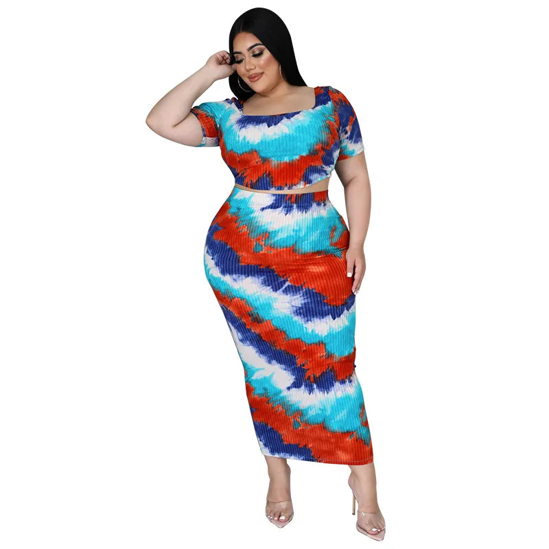 SOMO Plus Size Women’s Summer 2022 Ribbed Stripe Digital Print Two-Piece Skirt Set