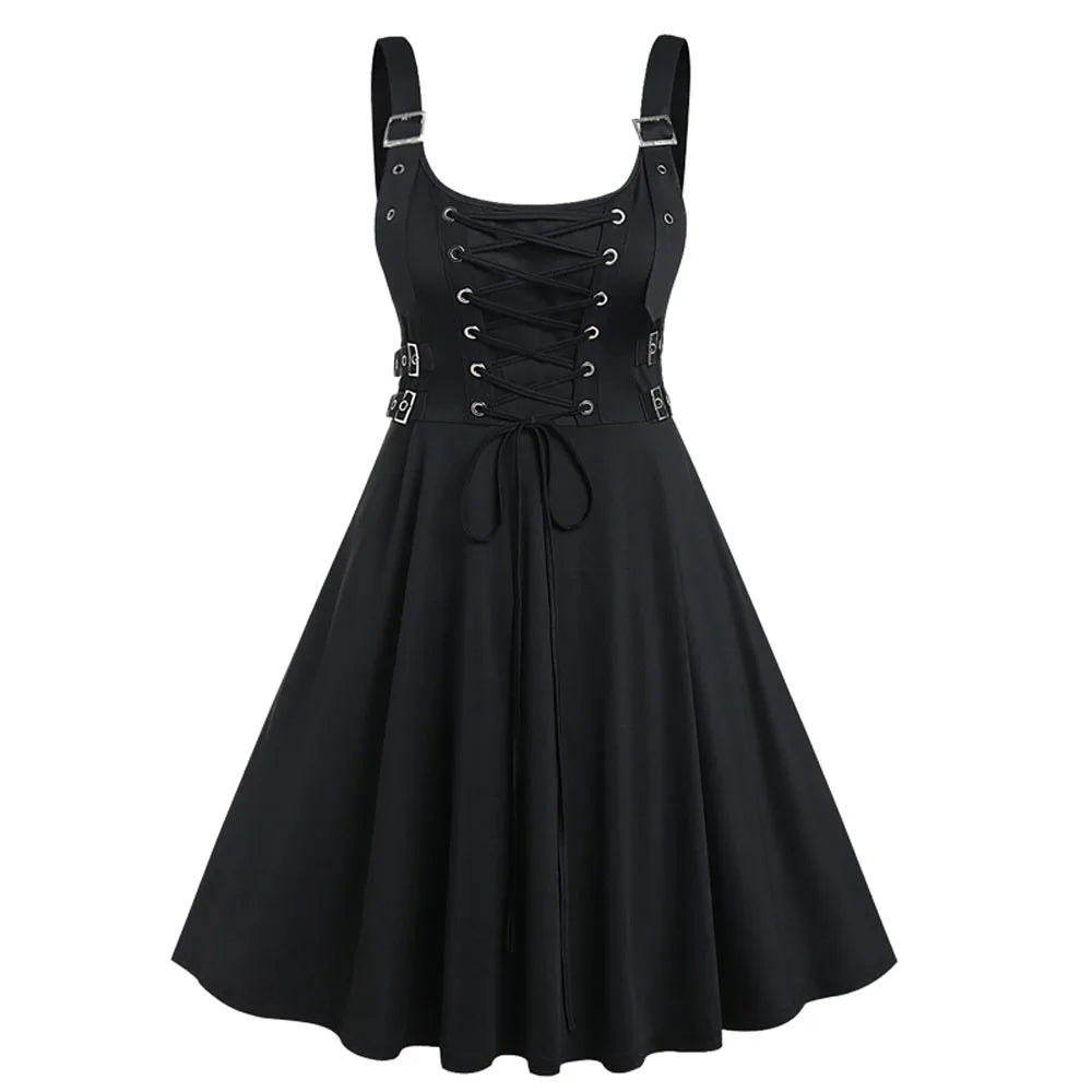 ROSEGAL Plus Size Black High Waist Knee-Length Party Dress For Women Gothic Lace Up Buckles Sleeveless Backless Dresses