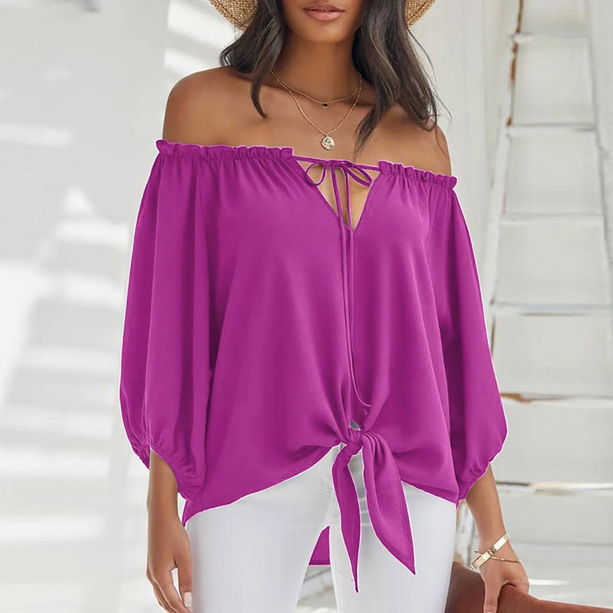 Elegant Off-Shoulder Summer Blouse - Half Sleeve Women's Tops, Office Blusas with Casual Loose Fit, Solid Color and Tie Detailing