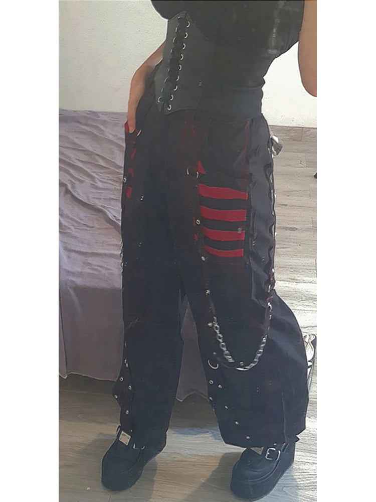 Goth Dark Y2k Punk Wide Leg Grunge Black Pants Mall Gothic Harajuku Baggy High Waist Trousers Strap Patchwork Techwear Clothes