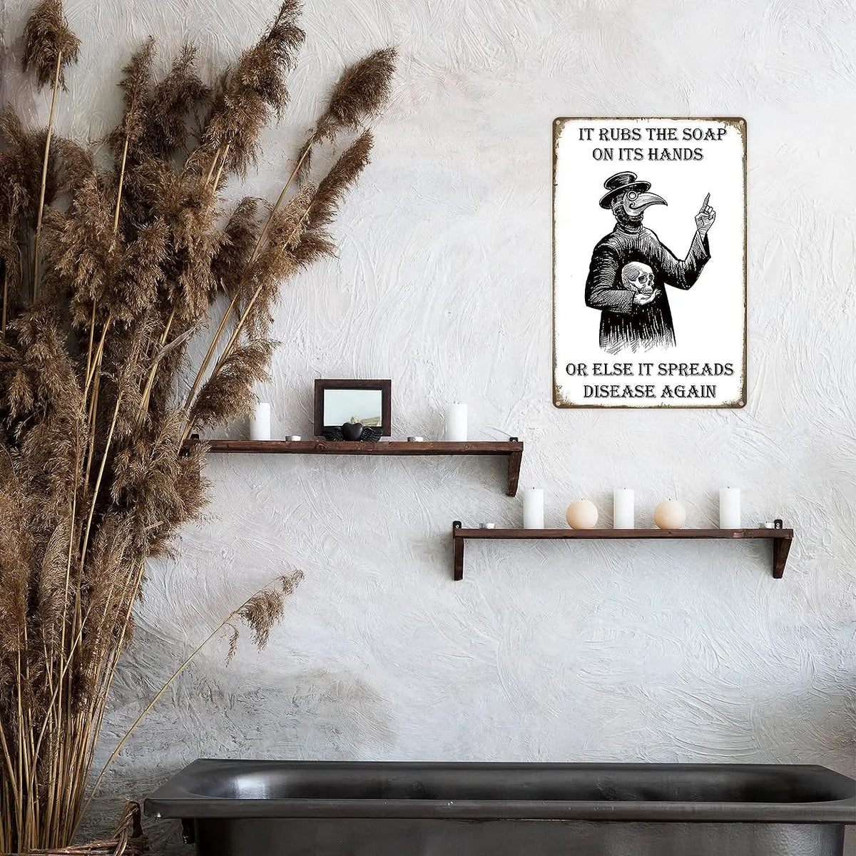 1pc Wash Your Hands Plague Doctor Gothic Decor Wall Art Metal Tin Sign for Bathroom Bedroom Living Room 8 x 12 Inch